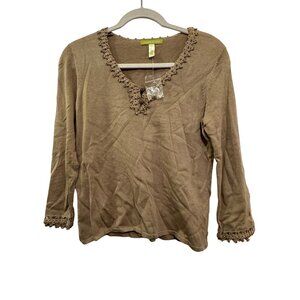 Sigrid Olsen Petite S Crochet Trim Top 3/4 Sleeve Brown Cotton Blend New
